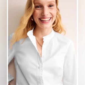 NWT- Boden Phoebe Crisp White Women’s Button Down with Ruffle Trim
